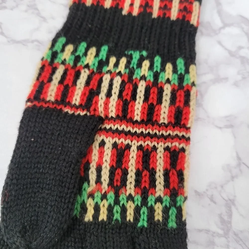 Vintage Handknit Gloves Black with Green Red Cream Nordic Fair Isle Designs